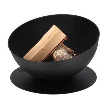Esschert Feuerschale schräg schwarz Produktfoto mit Holz