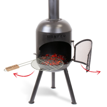 BonFeu BonSolo schwarzer Gartenkamin Produktfoto mit Grill

