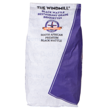 The Windmill Premium South African Black Wattle Briketts Vorderseite der Verpackung