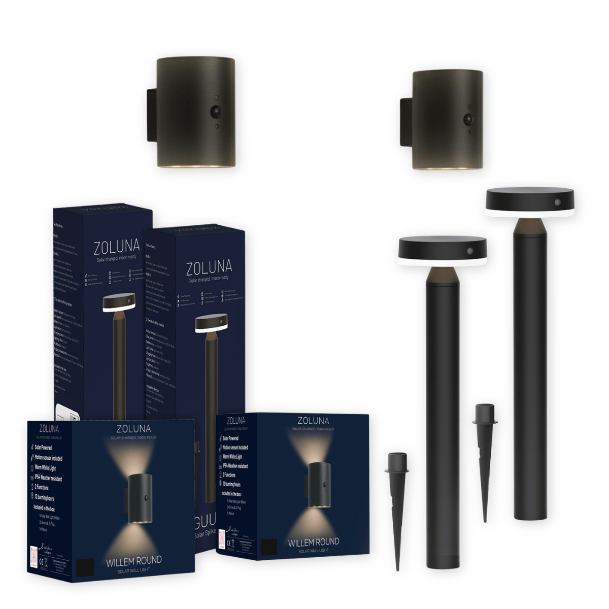Paketangebot ZOLUNA 2x Leuchte mit Erdspieß Guus + 2x Wandleuchte Willem rund