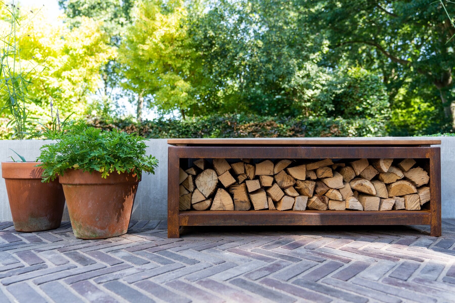 FORNO Holzlagerbank Cortenstahl