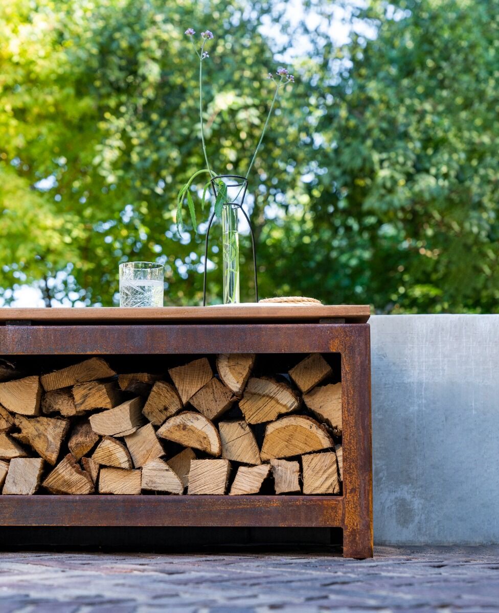 FORNO Holzlagerbank Cortenstahl